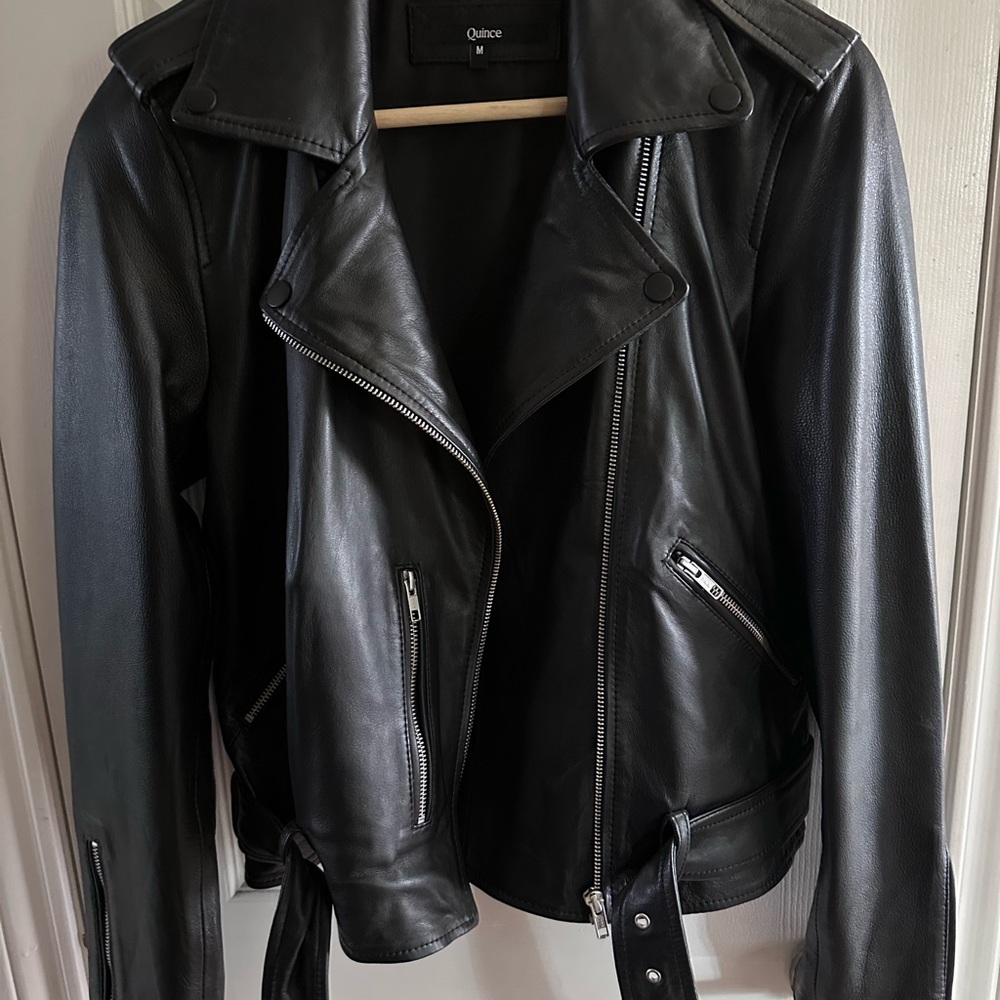 Quince Black Leather Jacket Asymmetrical Zipper Moto Style